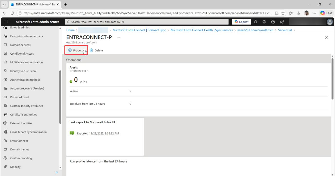 Selected EC server detail view with the Properties section expanded