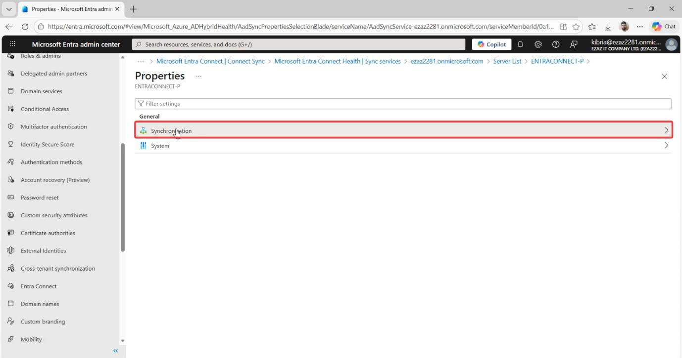 Server Properties Synchronization tab showing the Microsoft Entra Connect Version field populated with a build number like 2.1.20.0