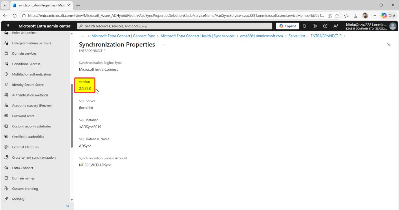Method 1 final view zoomed in on the Microsoft Entra Connect Version field showing the exact build number visible to a cloud admin