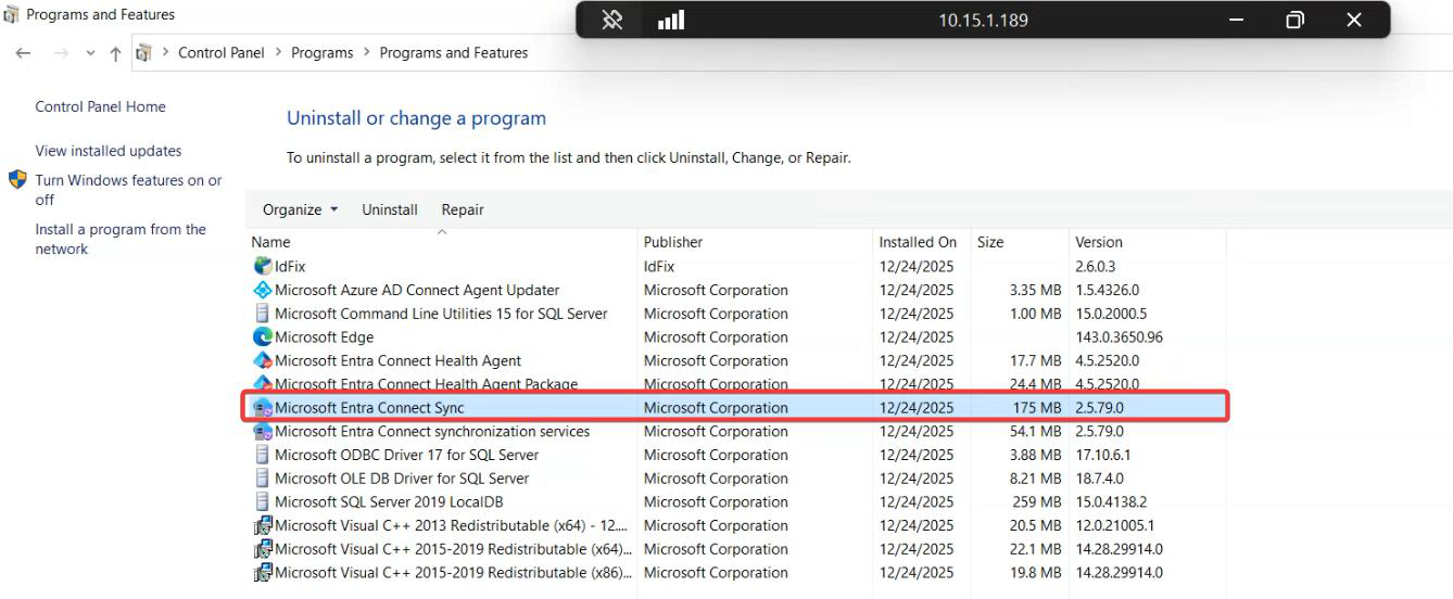 Programs and Features control panel applet on the EC server showing Microsoft Entra Connect in the installed program list with the Version column displaying the same build number, the Method 2 view
