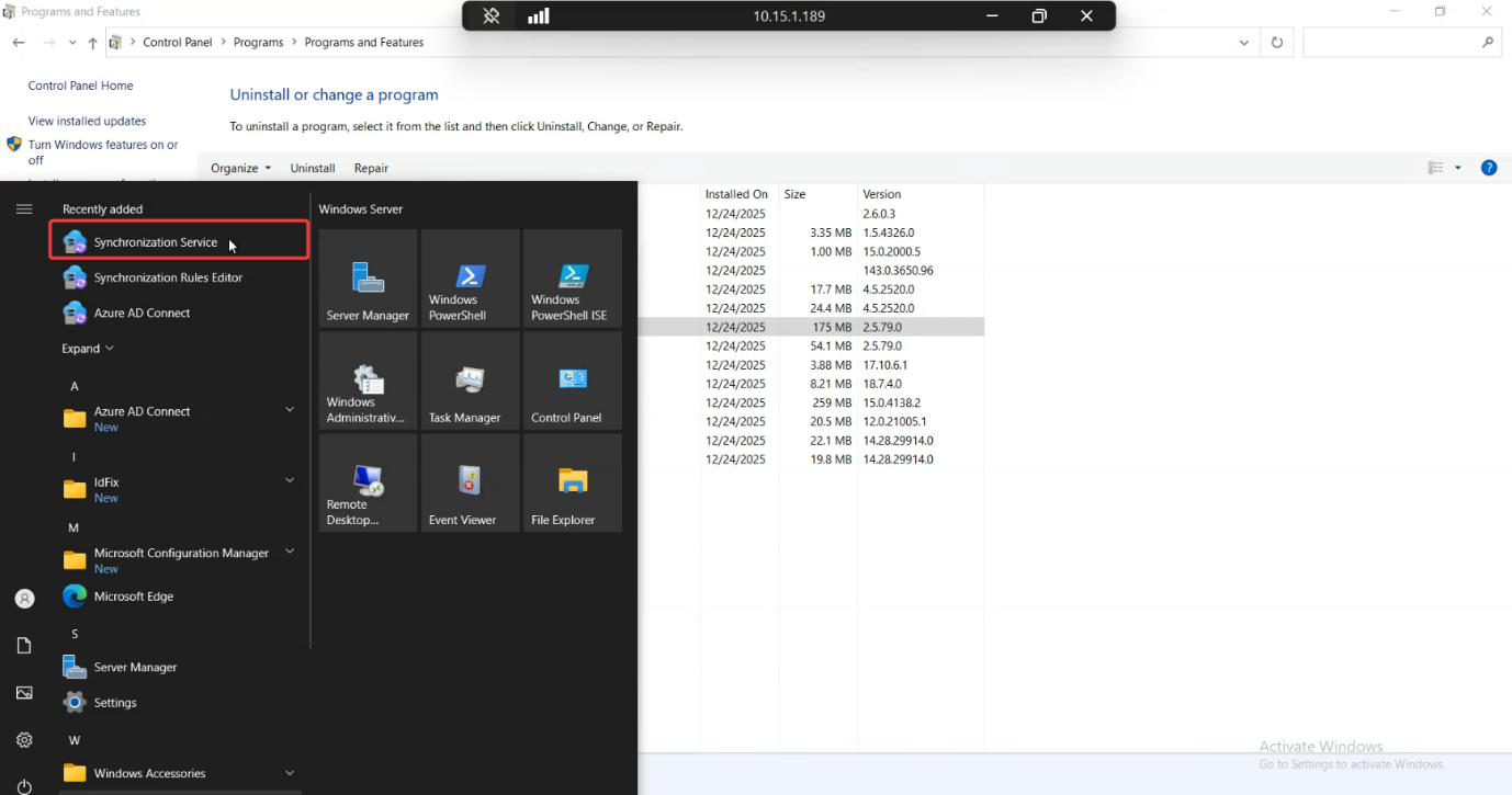 Synchronization Service desktop application open on the EC server with the operations history visible in the main pane, the entry point for Method 3