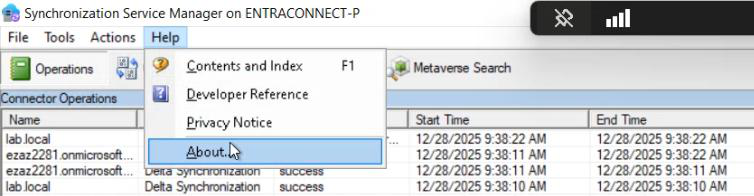 Sync Service top menu with the Help dropdown opened and the About menu item highlighted