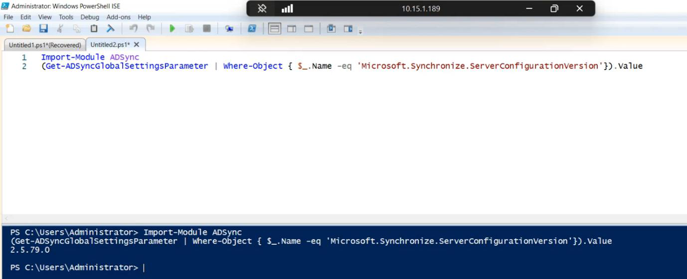 Elevated PowerShell window on the EC server showing the Import-Module ADSync command followed by Get-ADSyncGlobalSettingsParameter | Where-Object filter returning the version string as scalar output, the Method 4 result