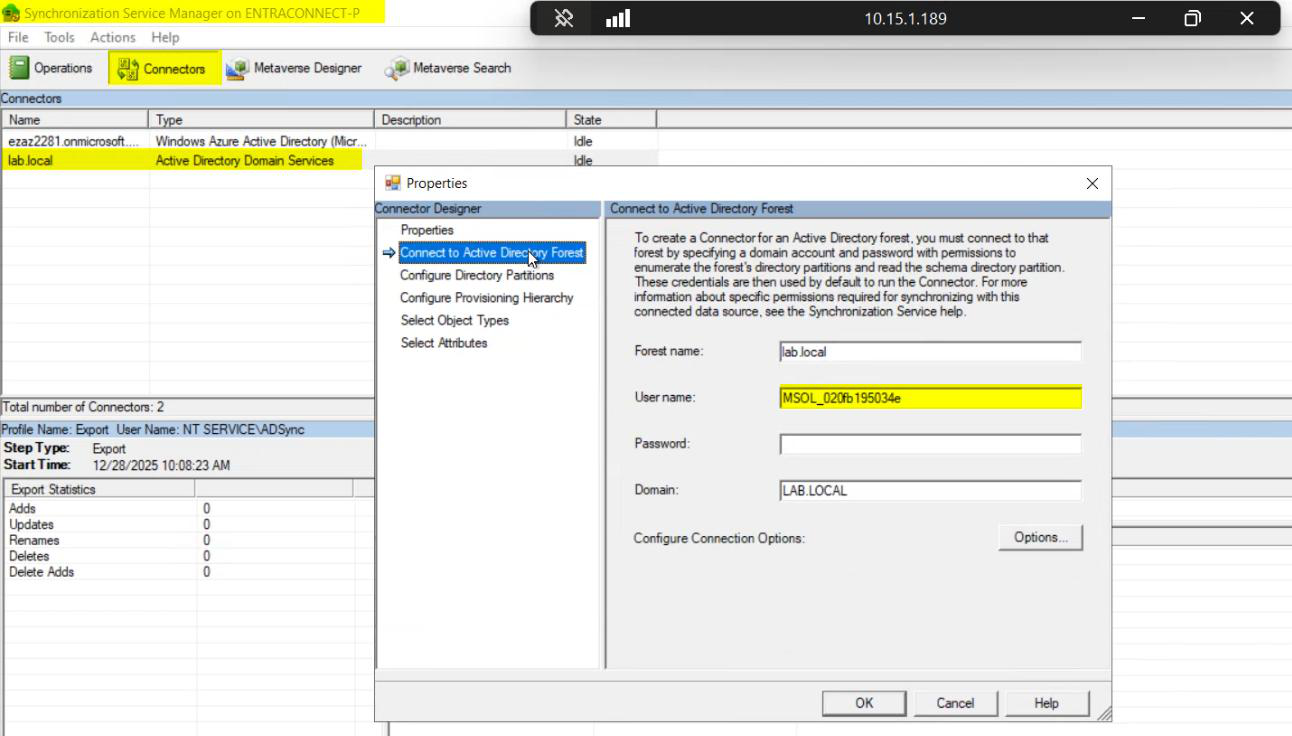 Synchronization Service Manager on the Entra Connect server with Connectors tab open showing the on-premises domain connector for infotechninja.local, Properties dialog open on Connect to Active Directory Forest revealing the AD DS Connector account name (typically MSOL_xxxx)