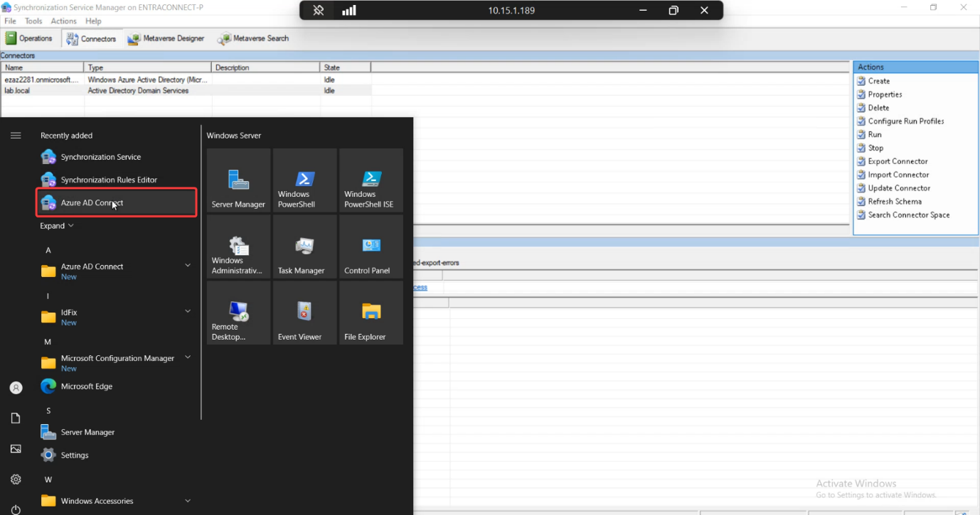 Microsoft Entra Connect wizard launched from the desktop showing the welcome screen with Configure button visible