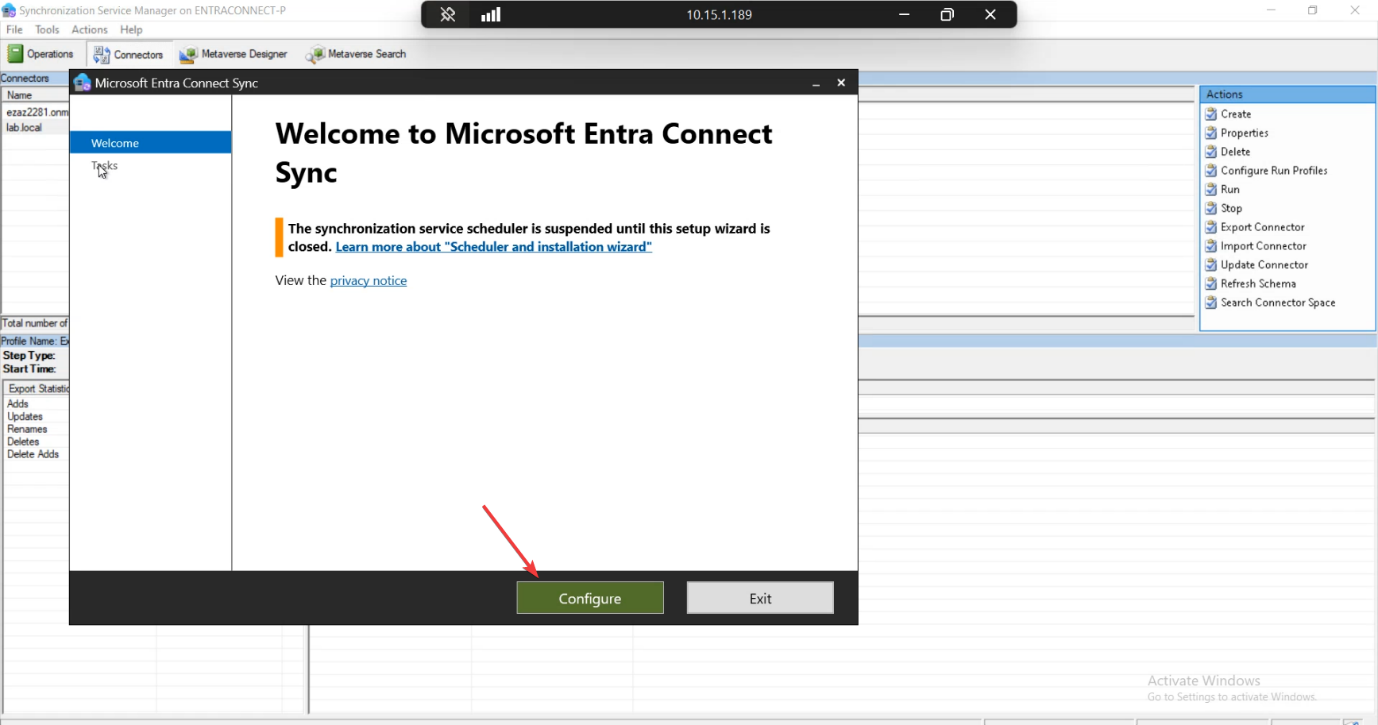 Entra Connect wizard Tasks page with View or export current configuration option being selected