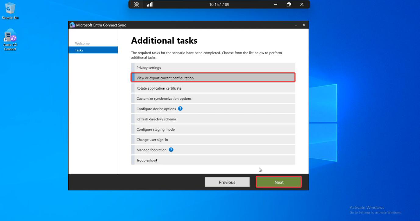 Configuration export Next button after selecting view current configuration