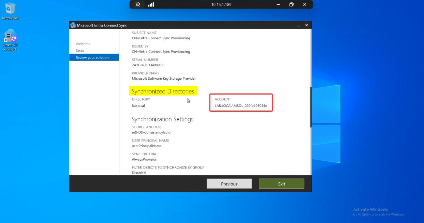 Entra Connect Configuration export view listing all current settings with the ACCOUNT property highlighted showing the AD DS Connector account name