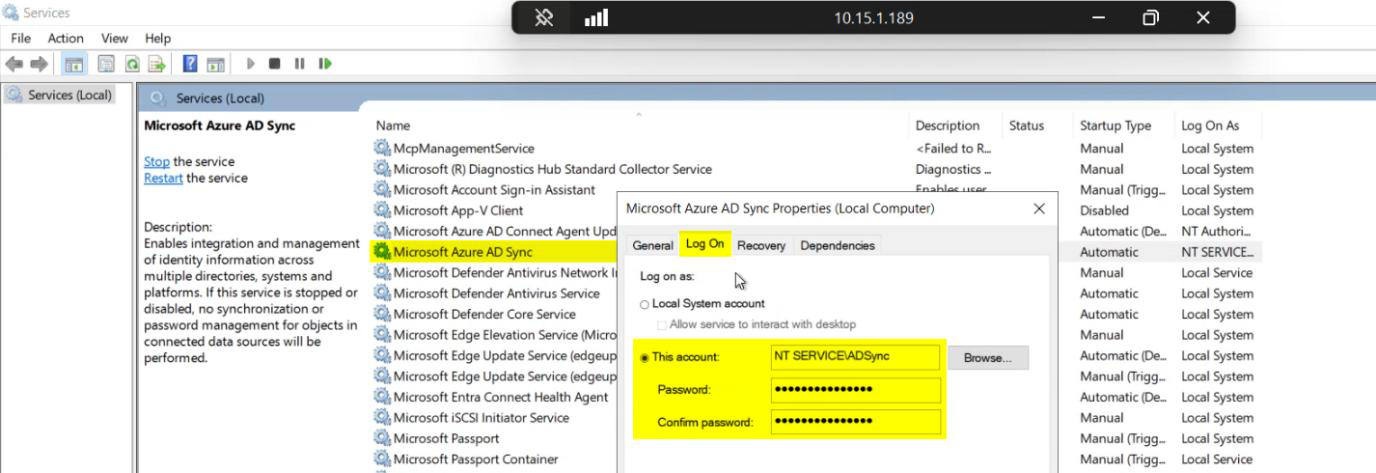 services.msc snap-in with the Microsoft Azure AD Sync service Properties dialog open on the Log On tab showing the This account field that reveals the ADSync Service Account (NT SERVICE\\ADSync for Express, DOMAIN\\ADSync... for Custom installs)
