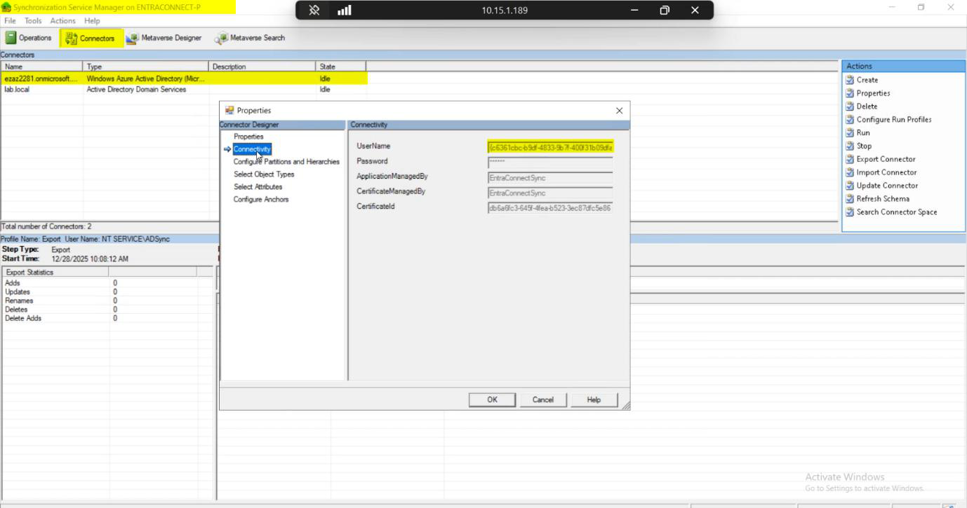 Synchronization Service Manager Connectors tab with the cloud connector tenant.onmicrosoft.com selected, Properties open on Connectivity showing the UserName field with the Sync_HOSTNAME_xxxx@infotechninja.onmicrosoft.com cloud connector account