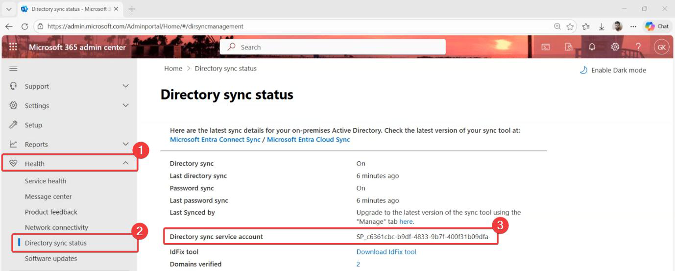 Microsoft 365 Admin Center Health > Directory sync status page showing the Directory sync service account field with the Sync_xxx account name visible, the cloud-side way to find this account without needing on-prem RDP” /><figcaption>Method 2 alternative: M365 Admin Center > Health > <strong>Directory sync status</strong> > <em>Directory sync service account</em> field. Same Sync_ account name &mdash; visible from cloud without RDP to the server.</figcaption></figure>
<p>Same <code>Sync_xxx</code> account name &mdash; visible from the cloud without needing RDP to the server. Useful when troubleshooting from outside the on-prem network.</p>
<h2>Naming conventions</h2>
<p>The cloud connector account follows the format:</p>
<pre><code>Sync_<ServerHostname>_<RandomString>@<tenant>.onmicrosoft.com
e.g., Sync_ECSRV01_a1b2c3d4e5f6@infotechninja.onmicrosoft.com</code></pre>
<p>Properties of this account:</p>
<ul>
<li>Complex auto-generated password</li>
<li>Password never expires</li>
<li>Password rotated automatically by Entra Connect itself</li>
<li><strong>Never modify manually</strong> &mdash; will break sync</li>
</ul>
<h2>When each account breaks &mdash; the failure modes</h2>
<h3>AD DS Connector account locked or password expired</h3>
<p>Symptom: sync runs report &ldquo;stopped-server&rdquo; or &ldquo;permission-issue&rdquo; errors. On-prem reads fail. Fix: unlock or reset the password (if it&rsquo;s a domain account), or recreate via Entra Connect Custom configuration if it was an MSOL_ account that got corrupted.</p>
<h3>ADSync Service account can&rsquo;t log on</h3>
<p>Symptom: Microsoft Azure AD Sync service won&rsquo;t start. Event Viewer shows logon failures. Fix: verify the password in services.msc > Log On tab, OR if it&rsquo;s a Virtual Service Account, check that Network Service permissions on relevant folders are intact.</p>
<h3>Entra Connector token expired or rotated badly</h3>
<p>Symptom: cloud writes fail with auth errors. New Sync runs error out. Fix: re-run Entra Connect wizard with fresh Global Admin credentials &mdash; this generates a new Sync_ account or refreshes the existing one&rsquo;s tokens.</p>
<h2>Things that bite people in this part</h2>
<h3>Modified the Sync_ account manually</h3>
<p>Most common breakage. Admin tries to &ldquo;clean up&rdquo; the cloud Sync_ account, changes its password, or assigns roles to it. Sync breaks. Recovery: Connect-MgGraph + delete the bad account + re-run Entra Connect to recreate.</p>
<h3>MSOL_ account treated as a regular service account</h3>
<p>The MSOL_ AD account is auto-managed by Entra Connect. Don&rsquo;t add it to admin groups, don&rsquo;t scope special permissions to it manually &mdash; the connector handles permissions automatically based on what&rsquo;s configured.</p>
<h3>Lost track of which account is which</h3>
<p>This post is the answer. Three accounts, three locations. Bookmark.</p>
<h2>What&rsquo;s next</h2>
<p>For deeper Entra Connect topics &mdash; HA setup, password writeback, SSO &mdash; see other posts in the <a href=
