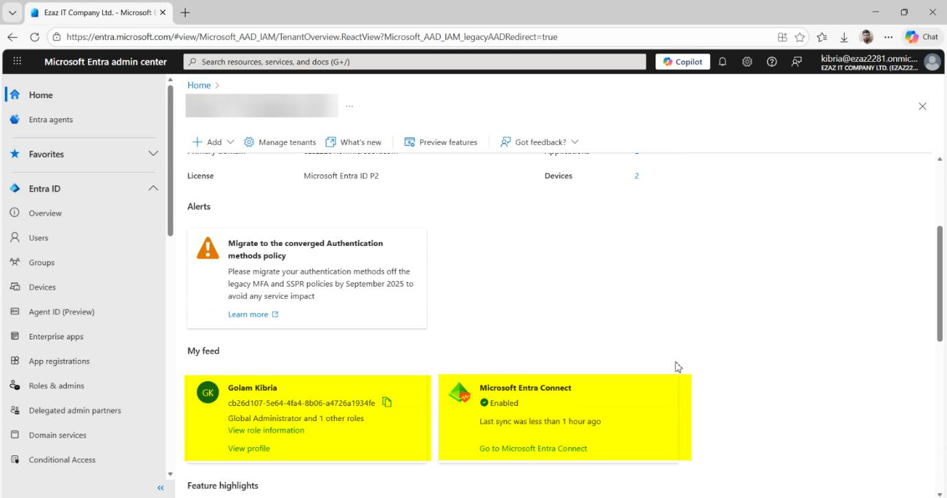 Microsoft Entra admin centre login page with Global Administrator credentials being entered, the cloud-side starting point