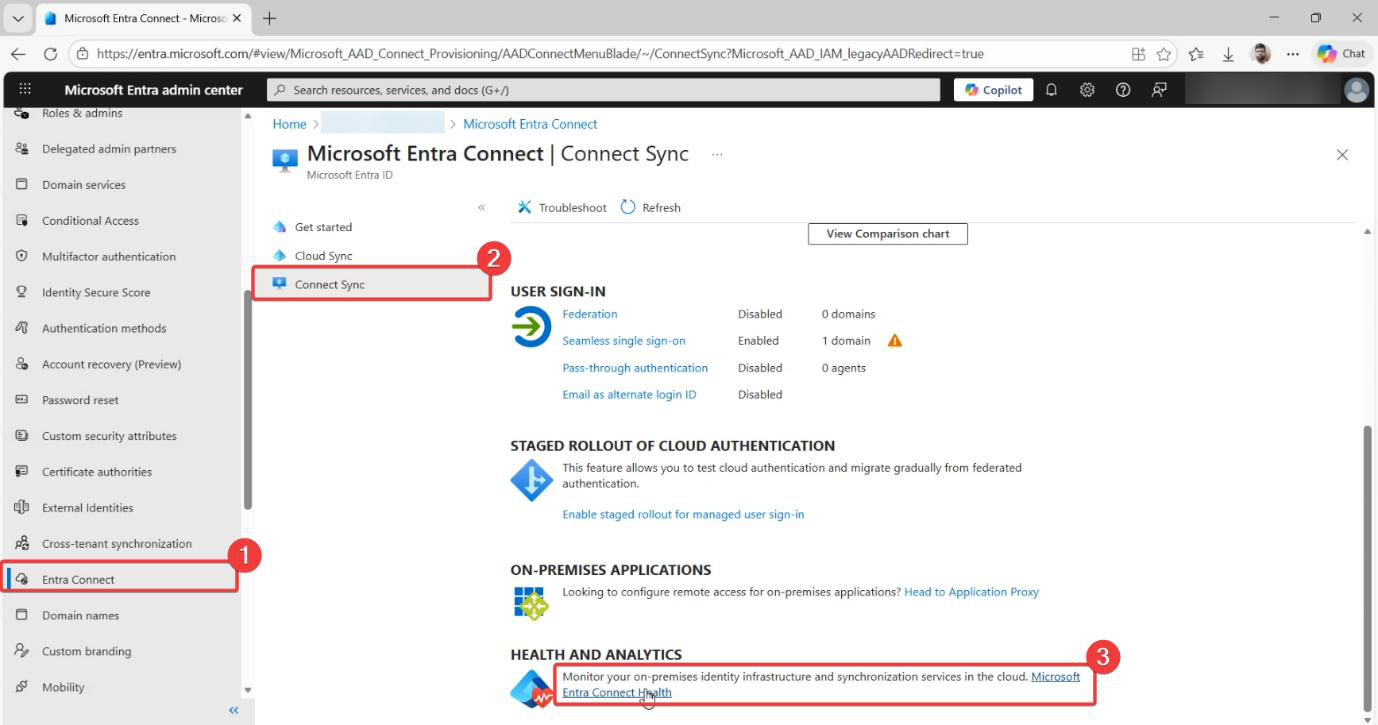 Entra admin centre Hybrid management section with Microsoft Entra Connect node selected and the Connect Health link visible in the dashboard