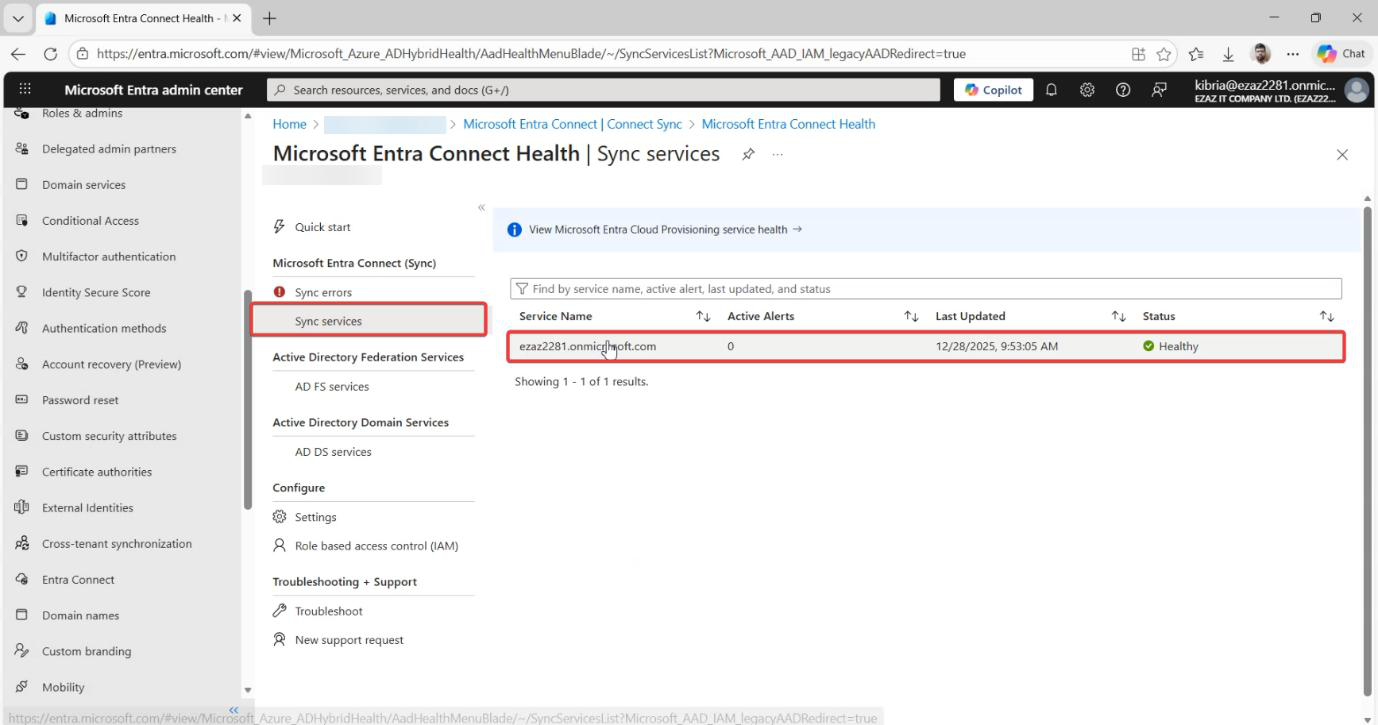 Entra Connect Health blade showing Sync services tile with the tenant entry highlighted