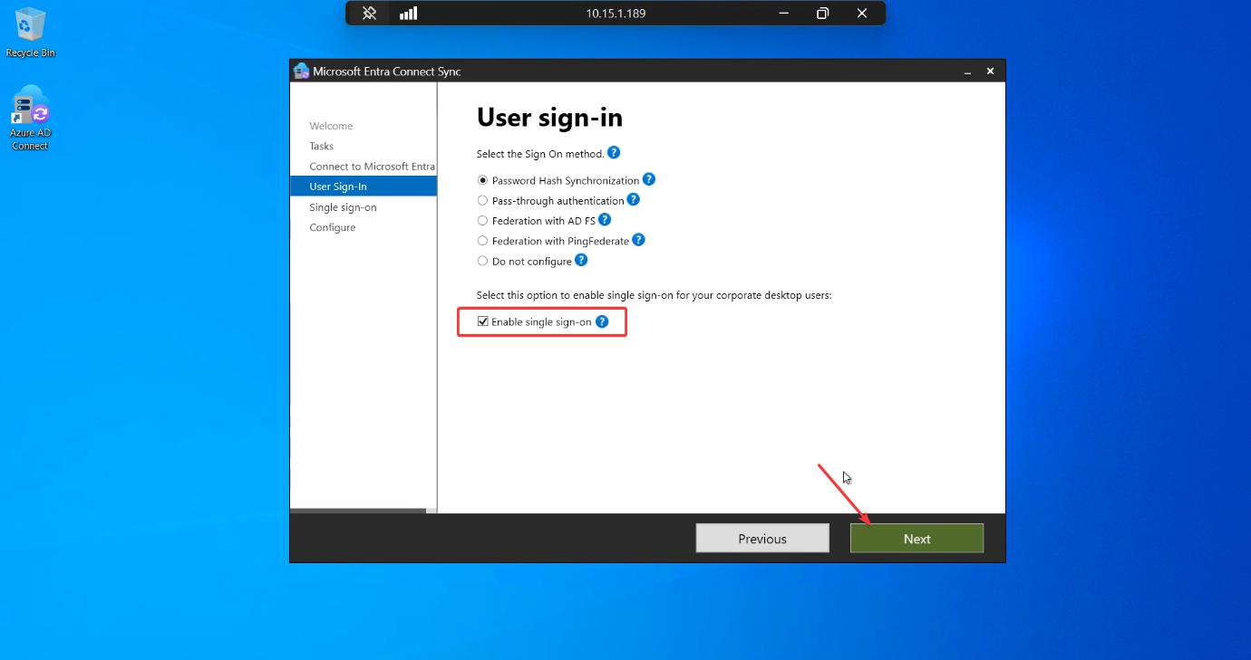 User sign-in page with Enable single sign-on checkbox ticked alongside the existing sign-in method (Password Hash Sync) selected