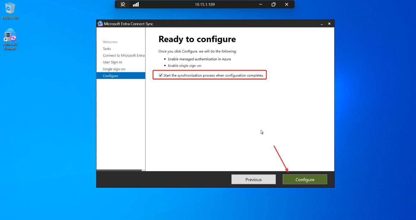 Ready to configure summary with Start the synchronization process when configuration completes ticked and the Configure button highlighted