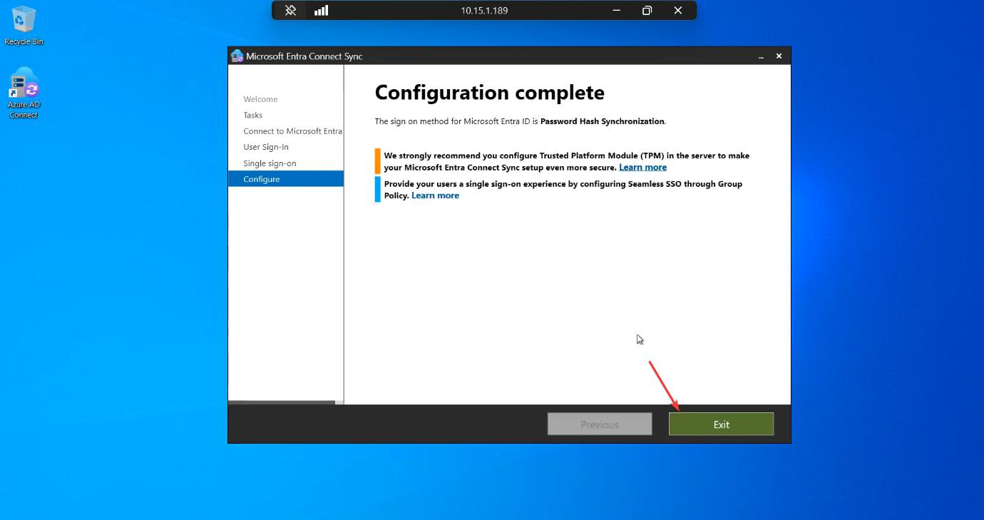 Configuration Complete page with Exit button highlighted, the wizard has finished applying the SSO change