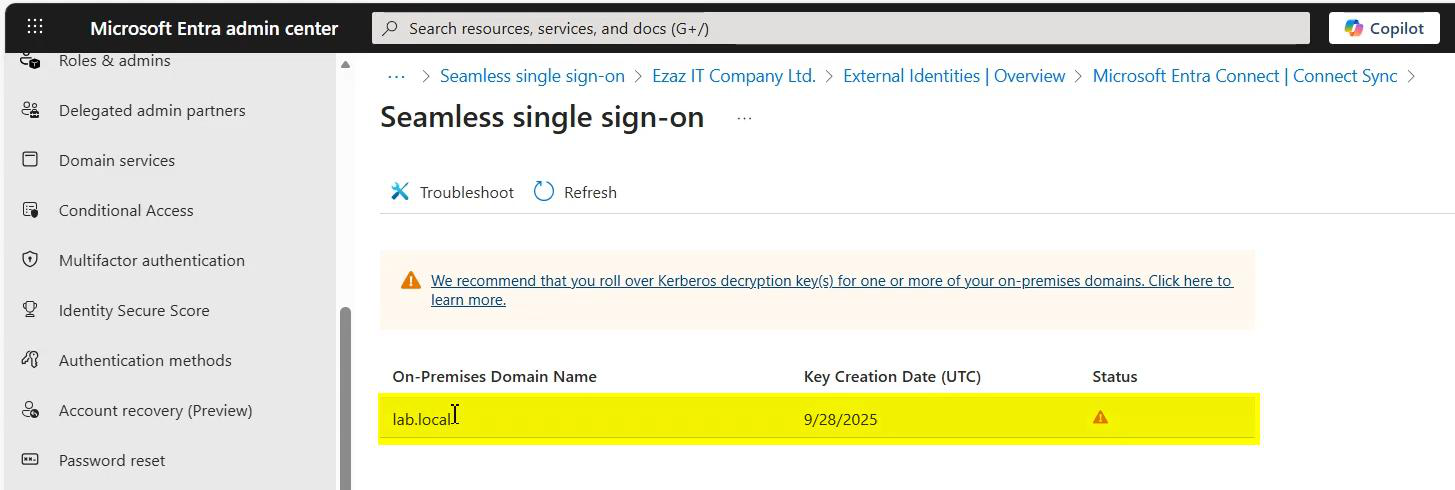 Same details page expanded showing the Kerberos decryption keys metadata and rotation history