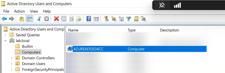 AZUREADSSOACC computer object Properties dialog showing the description Computer account for Azure AD SSO and a warning to never delete it