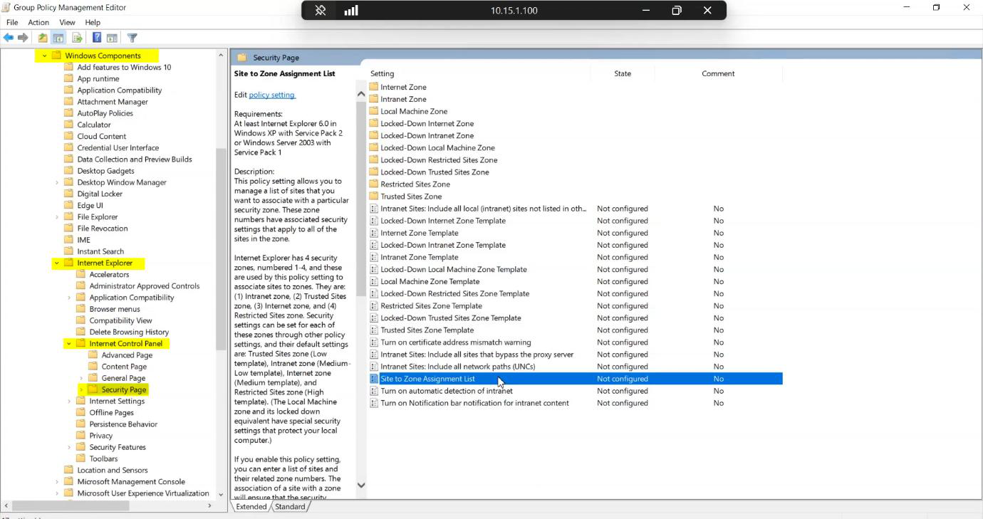 Group Policy Management Editor open at User Configuration > Policies > Administrative Templates > Windows Components > Internet Explorer > Internet Control Panel > Security Page with the Site to Zone Assignment List policy highlighted” /><figcaption>Phase 3 GPO setup &mdash; navigate to User Configuration > Policies > Administrative Templates > Windows Components > Internet Explorer > Internet Control Panel > Security Page > Site to Zone Assignment List.</figcaption></figure>
<p>Navigate: User Configuration > Policies > Administrative Templates > Windows Components > Internet Explorer > Internet Control Panel > Security Page. Double-click <strong>Site to Zone Assignment List</strong>.</p>
<figure class=
