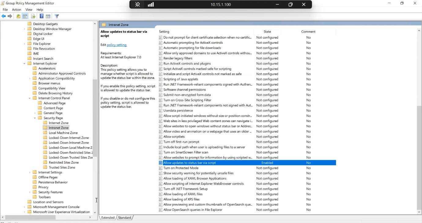 Allow updates to status bar via script policy under Internet Control Panel > Security Page > Intranet Zone with Enabled selected” /><figcaption>Optional: enable <strong>Allow updates to status bar via script</strong> in the Intranet Zone properties. Helps older browsers and specific script paths complete the SSO handshake smoothly. Skip if you&rsquo;re only targeting modern Edge / Chrome.</figcaption></figure>
<p>Same path, dive into Intranet Zone > <strong>Allow updates to status bar via script</strong> > Enabled. Helps older browsers and certain script paths during the SSO handshake. Skip if your fleet is modern Edge / Chrome.</p>
<h3>Link the GPO</h3>
<figure class=