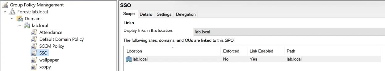 Domain link confirmation showing the GPO is linked at the domain root level for fleet-wide application