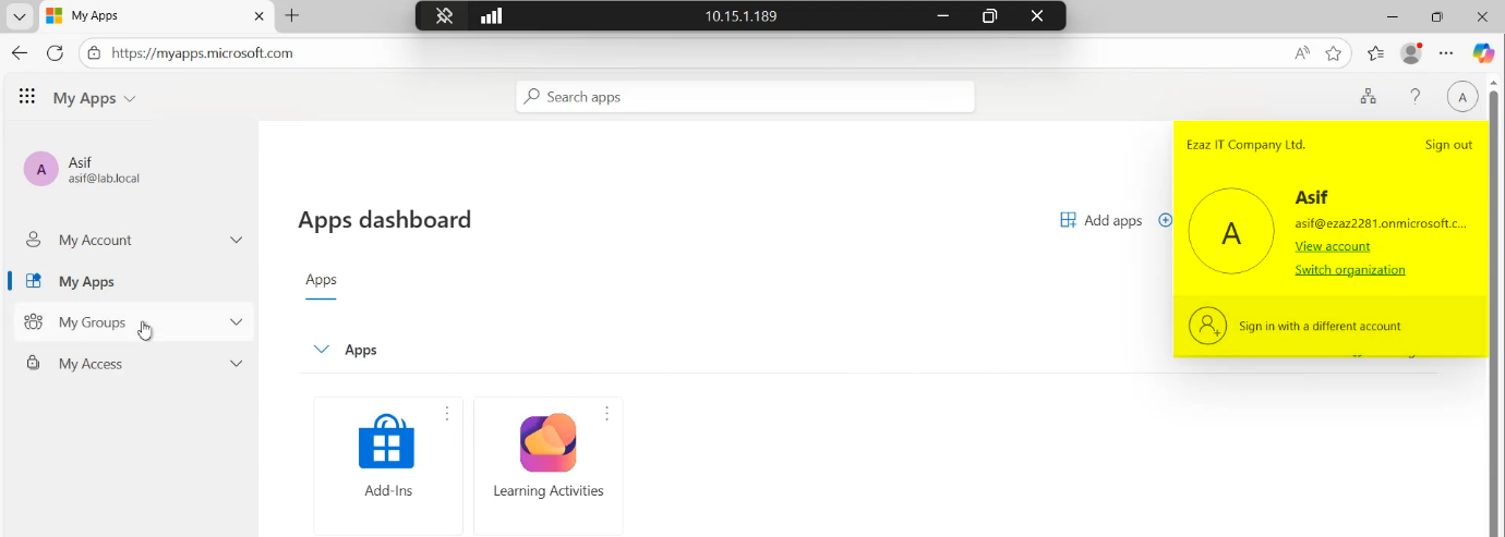 MyApps app launcher showing all the apps assigned to the signed-in user, full SSO success