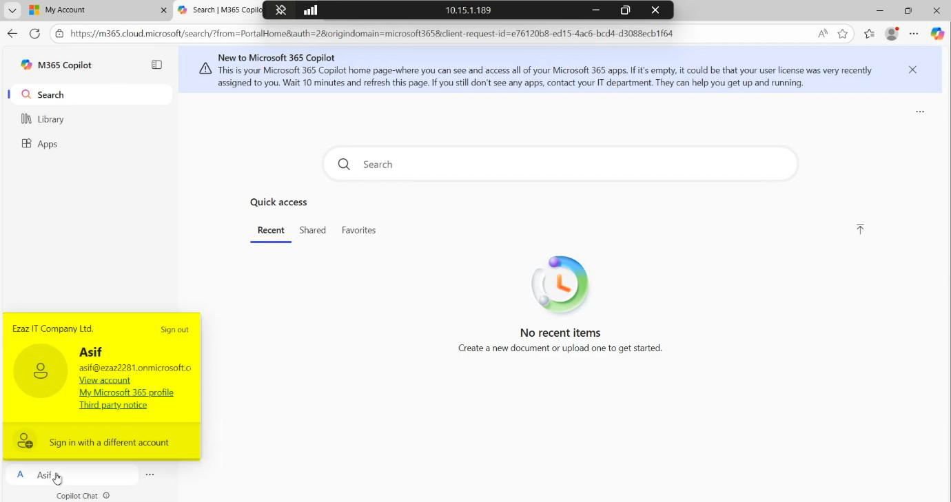 Microsoft 365 dashboard view confirming all SSO services are accessible from the same browser session via the single Kerberos-derived token