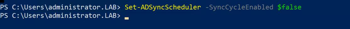 PowerShell session showing the scheduler Status output confirming SyncCycleEnabled is now False, the green-light state for safely making rule changes