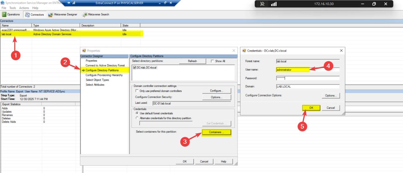 AD connector Properties dialog showing Configure Directory Partitions on the left navigation and the domain entry highlighted in the right pane