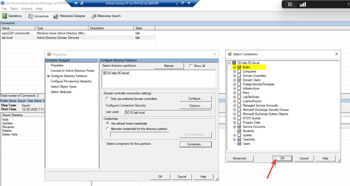 Containers tree view showing the AD OU hierarchy with checkboxes per OU, the actual filter selection surface