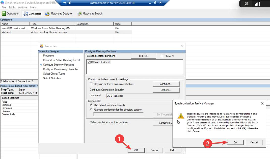 Properties dialog confirming the new OU selection has been applied and saved