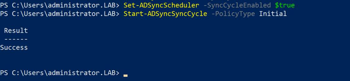 PowerShell window running Start-ADSyncSyncCycle -PolicyType Initial to force a full re-evaluation, the load-bearing step that propagates the new filter to AD CS, Metaverse, and the cloud