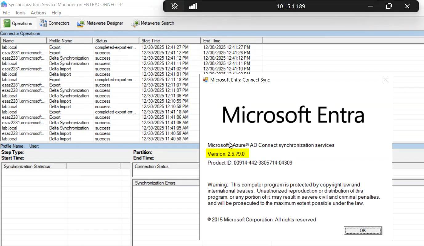 Help > About dialog showing the current Entra Connect version (e.g. 2.1.20.0), the value to record before starting the upgrade” /><figcaption>Help > About dialog. Note the version number (e.g. <code>2.1.20.0</code>). This is your baseline. Per <a href=