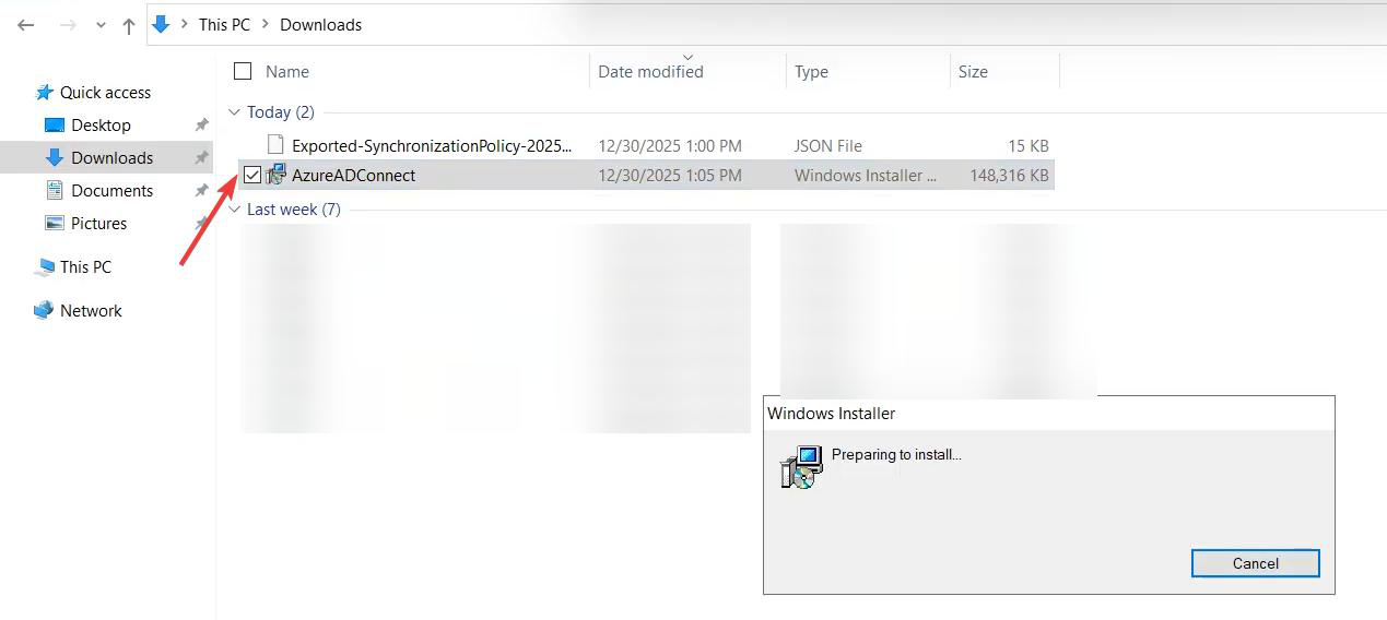 Downloaded AzureADConnect.msi installer in the staging folder on the EC server, ready to be run