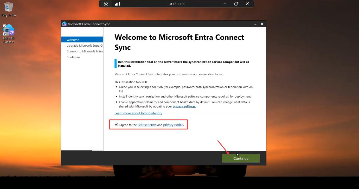Right-click context menu on AzureADConnect.msi with Run as administrator highlighted to launch the installer