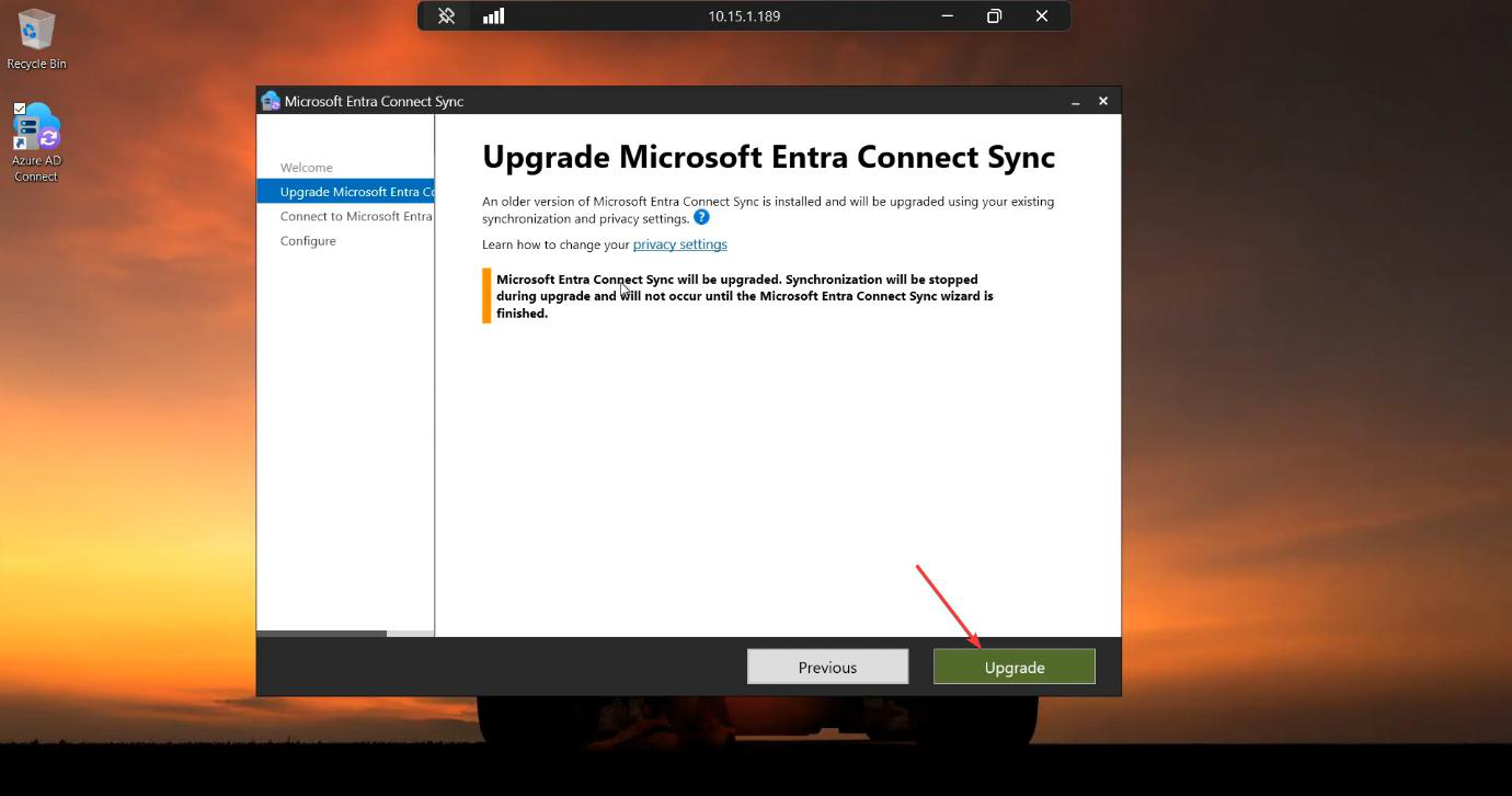 Installer detection page showing An older version of Microsoft Entra Connect is installed and will be upgraded message, confirming the wizard recognized the existing install and will perform an in-place upgrade