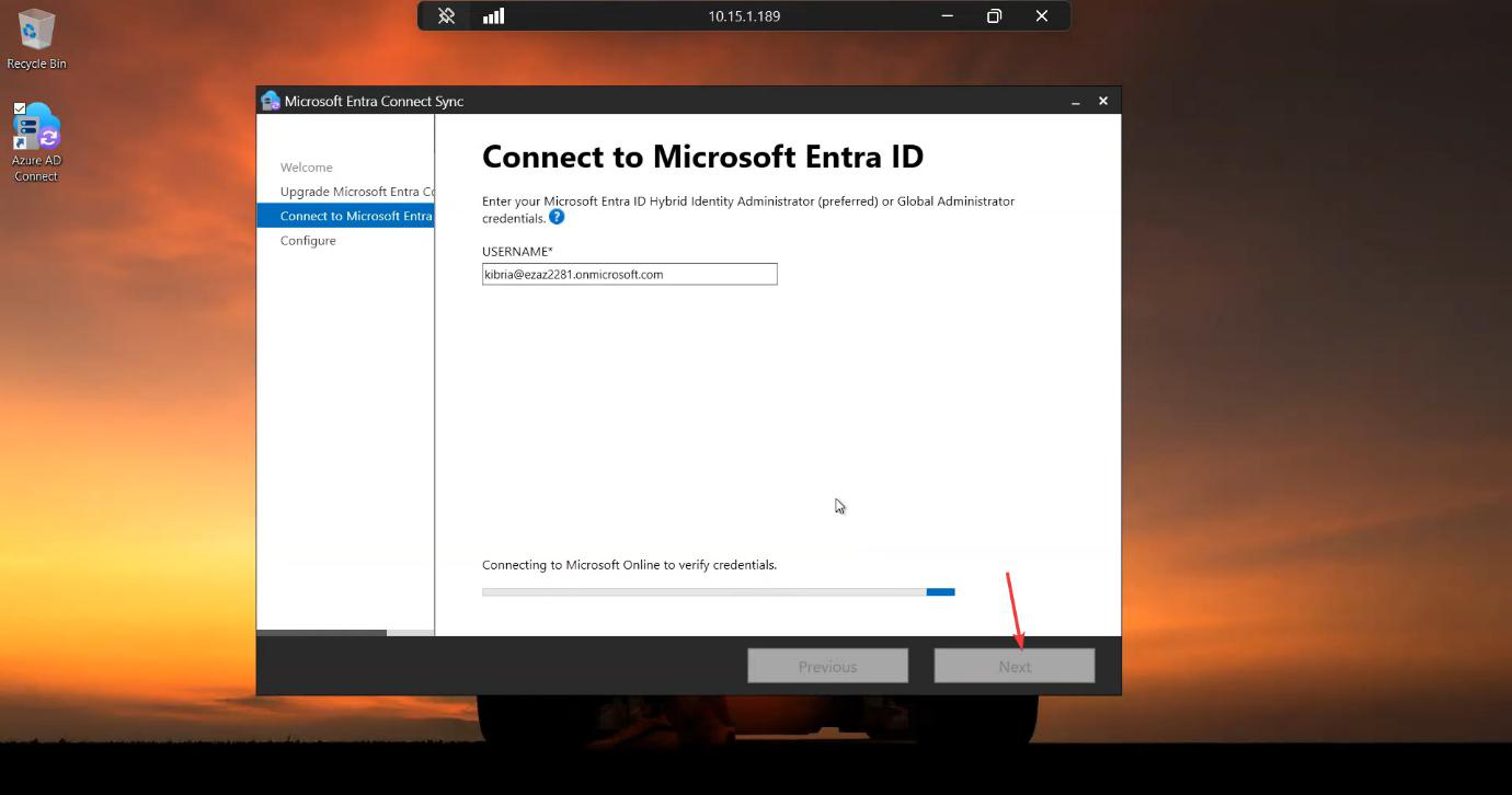 Authentication prompt requesting Global Administrator (or Hybrid Identity Administrator) credentials, the cloud-side authorization for the upgrade