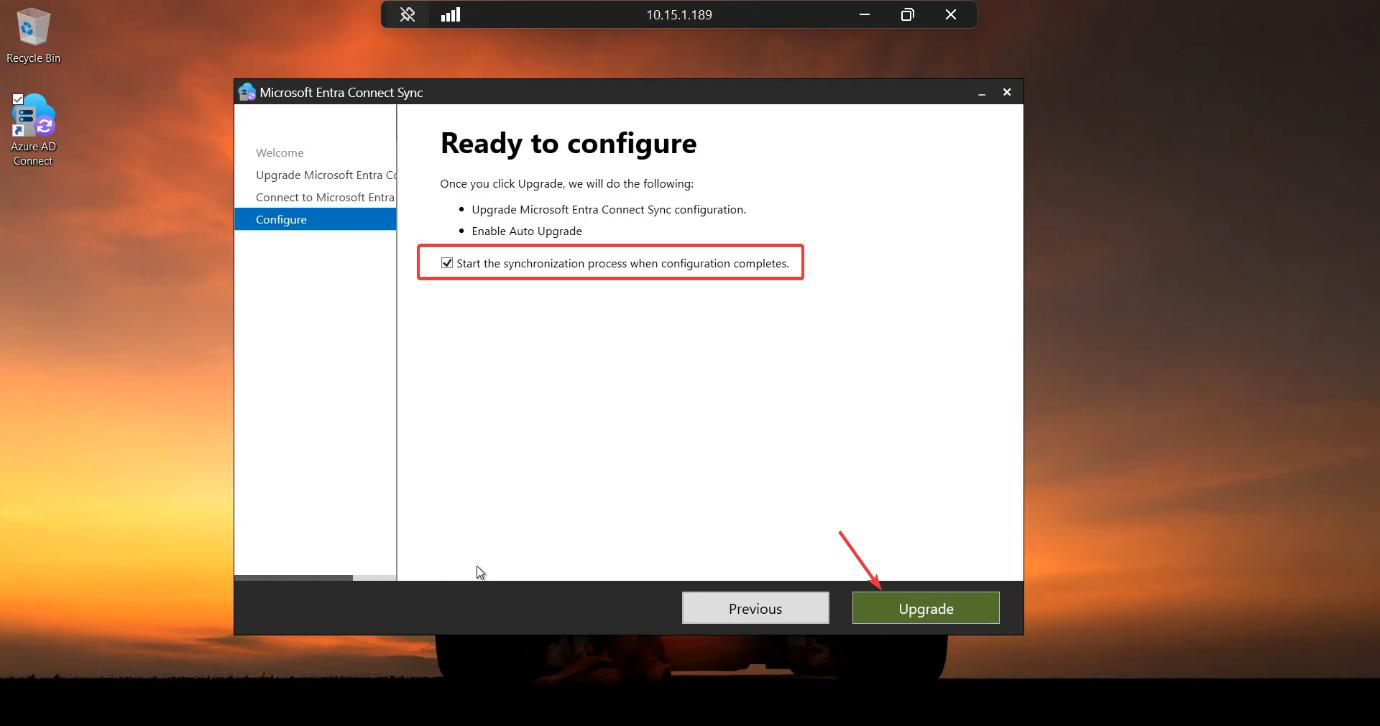 Ready to Upgrade summary page with Start the synchronization process when configuration completes ticked and the Upgrade button highlighted