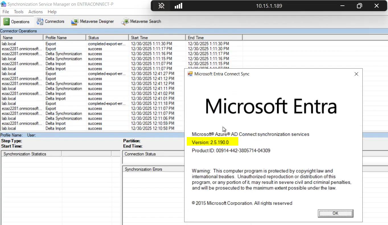 Help > About dialog after the upgrade showing the new (higher) version number, the post-upgrade verification” /><figcaption>Phase 4 verification &mdash; Help > About in Sync Service Manager again. Version number is now HIGHER than the baseline you recorded in Phase 1. The upgrade landed.</figcaption></figure>
<p>Sync Service Manager > Help > About. Version number should be HIGHER than your Phase 1 baseline. If it&rsquo;s the same, the upgrade didn&rsquo;t take effect &mdash; investigate.</p>
<h3>Check 2 &mdash; PowerShell crosscheck</h3>
<figure class=