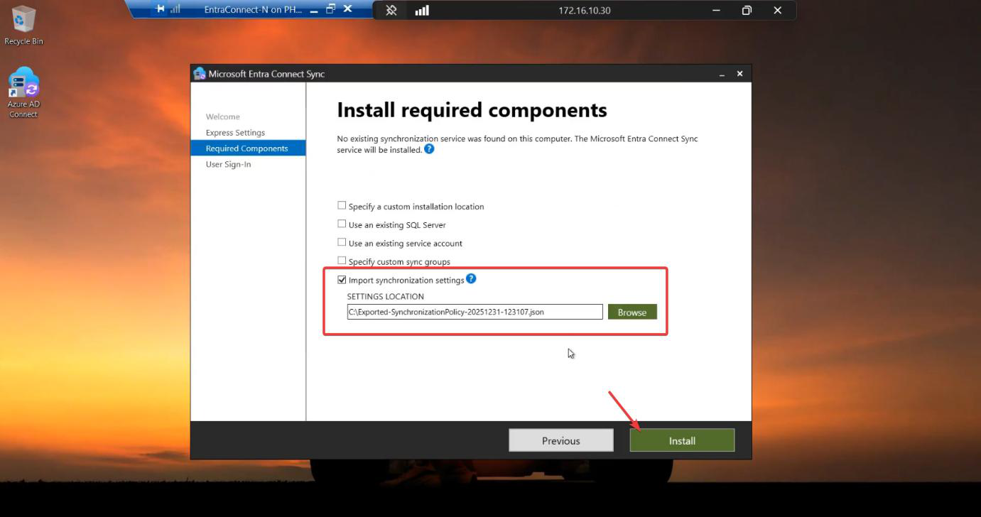 Migration screenshot 25 of 65 from the Entra Connect new-server migration walkthrough showing the wizard, sync service manager, AD console, or admin centre at the corresponding stage of the procedure