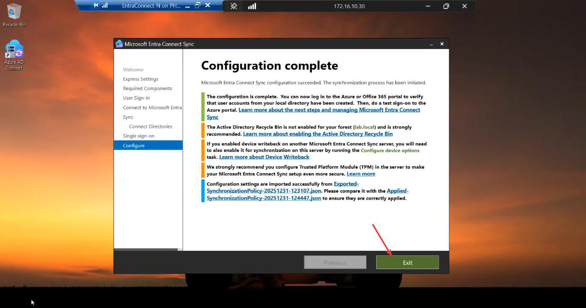 Migration screenshot 36 of 65 from the Entra Connect new-server migration walkthrough showing the wizard, sync service manager, AD console, or admin centre at the corresponding stage of the procedure
