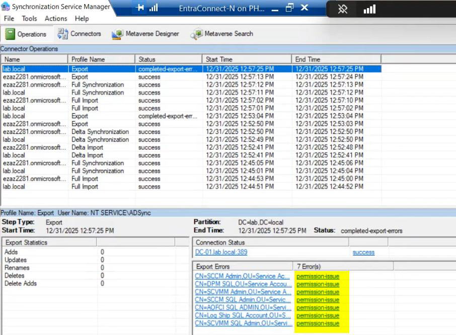 Migration screenshot 51 of 65 from the Entra Connect new-server migration walkthrough showing the wizard, sync service manager, AD console, or admin centre at the corresponding stage of the procedure