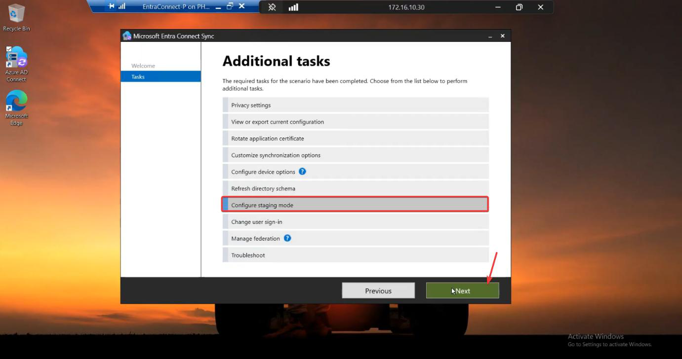 HA setup screenshot 40 of 65 from the Entra Connect High Availability walkthrough showing the wizard, sync service manager, AD console, or admin centre at the corresponding stage