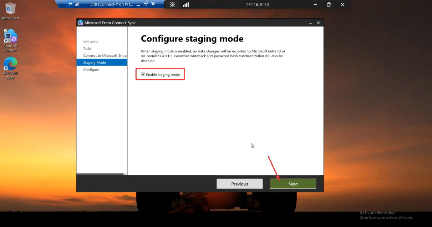 HA setup screenshot 42 of 65 from the Entra Connect High Availability walkthrough showing the wizard, sync service manager, AD console, or admin centre at the corresponding stage
