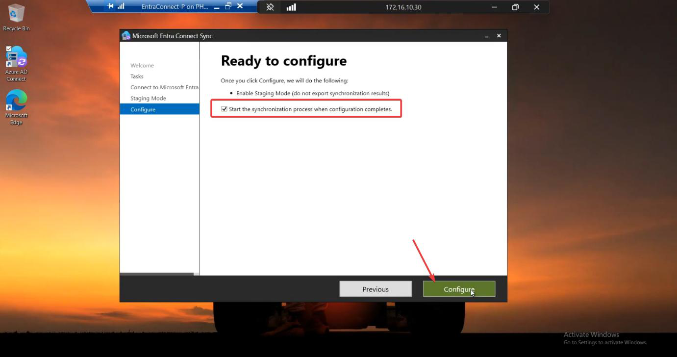 HA setup screenshot 43 of 65 from the Entra Connect High Availability walkthrough showing the wizard, sync service manager, AD console, or admin centre at the corresponding stage
