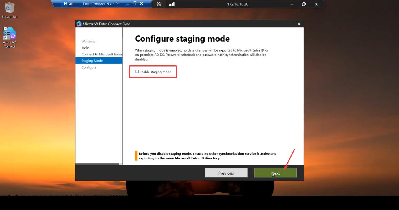 HA setup screenshot 47 of 65 from the Entra Connect High Availability walkthrough showing the wizard, sync service manager, AD console, or admin centre at the corresponding stage