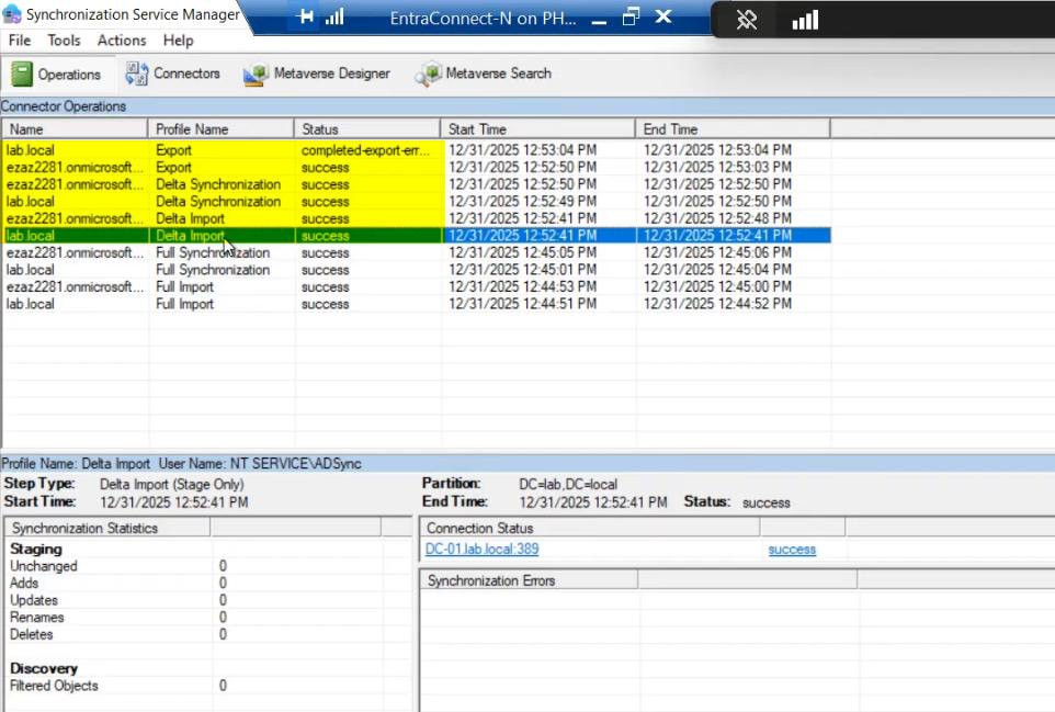 HA setup screenshot 49 of 65 from the Entra Connect High Availability walkthrough showing the wizard, sync service manager, AD console, or admin centre at the corresponding stage