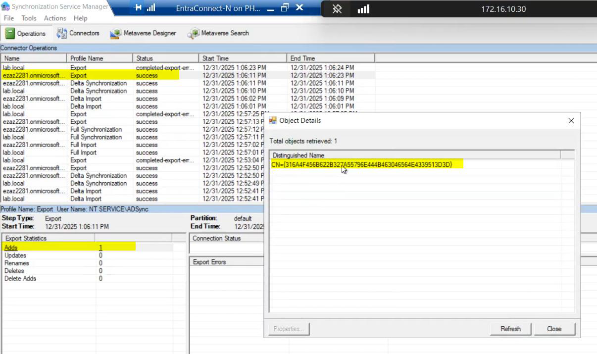 HA setup screenshot 61 of 65 from the Entra Connect High Availability walkthrough showing the wizard, sync service manager, AD console, or admin centre at the corresponding stage