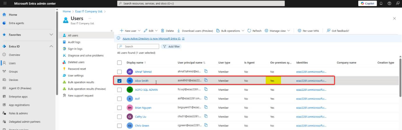 Same Active Users page zoomed in on jdoe with the synced status badge visible alongside the user properties pane
